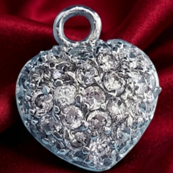 Jewelry - Crystal Heart Pendant Silvertone  Rhinestones Paved